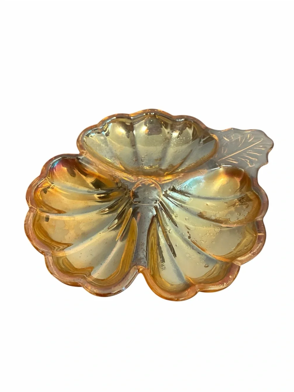 Vintage Marigold Carnival Glass 3 Section Clover Candy Dish Leaf Handle Amber